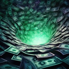 whirlpool vortex of money vanishing into black hole. generative AI