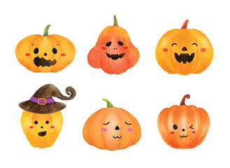 Set of cute Pumpkin Halloween watercolor vector illustration