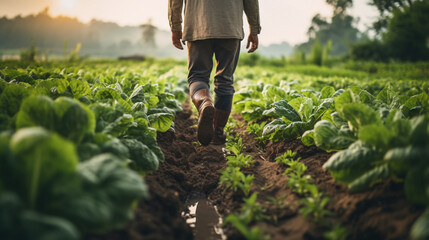 close up of a farmer's back walking in a field of vegetables ,man waling forward on a agriculture field