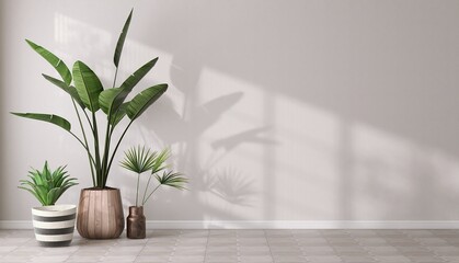 Group of various tropical plants, banana tree in pots in sunlight, shadow on blank white wall and...