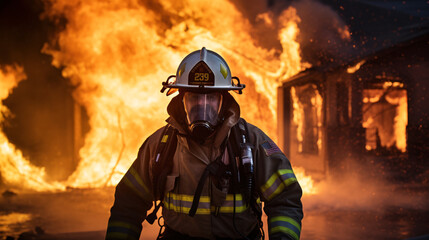 Confident fire fighter walking to the camera, with a fire behind - fireman with fire extinguisher and protective wear