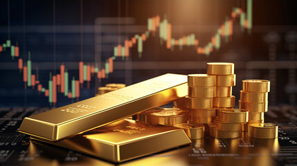 gold bar chart - forex trading concept - gold prices going up and down, gold coins and biscuit stack on a table