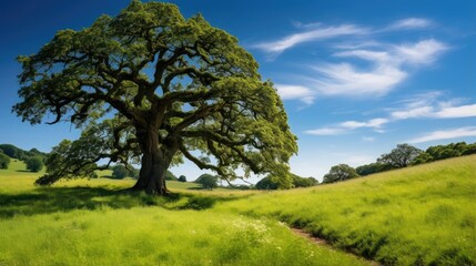 Fototapeta na wymiar Meadow at summertime and an old, big oak standing in the middle