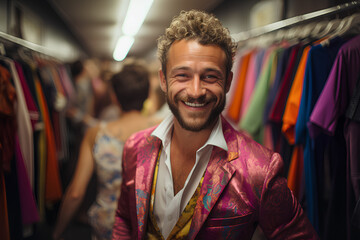 Gay fashion stylist in dressing room LGBTQ designer concept
