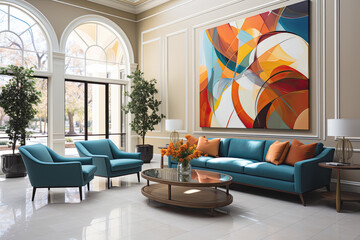 Livingroom or business lounge with abstract wall art, interior design