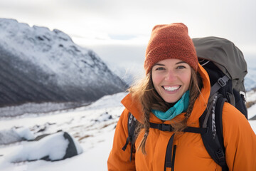 Fototapeta na wymiar Young woman smiling in jacket and backpack hiking up snowy mountain