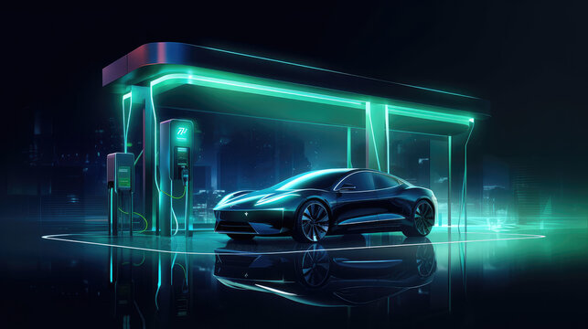 EV car in futuristic vehicle concept. Electric car charging station and battery level icon. Future transportation. 