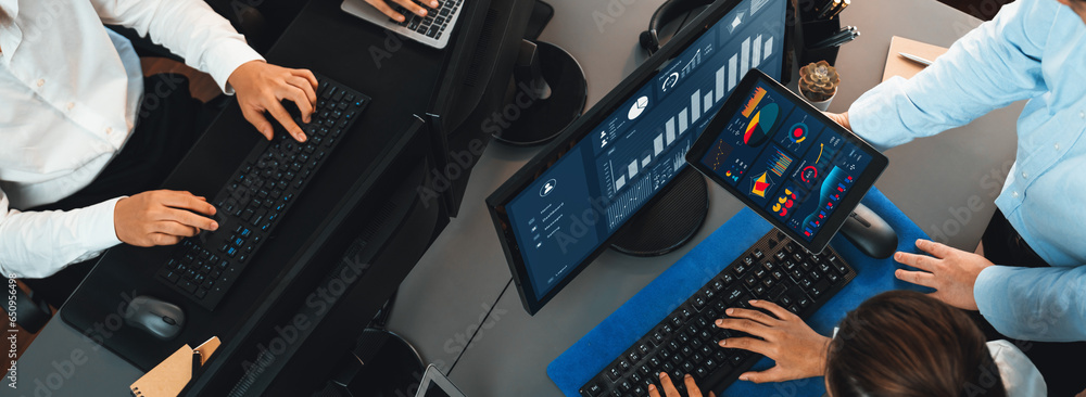 Poster analyst working on data analysis or bi dashboard on computer monitor. business team analyzing financ
