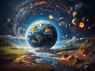 Fantasy landscape with planet and ocean. Elements of this image furnished. AI-Generated