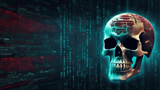 Computer code on a screen with a skull representing a computer virus & malware attack