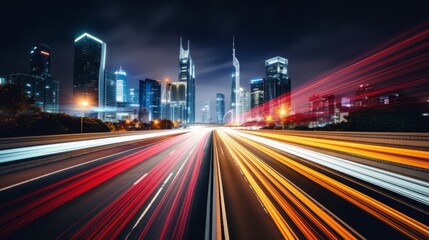 Fototapeta na wymiar Mesmerizing Long-Exposure Image, Nighttime Highway Illuminated in a Blur