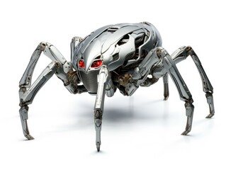 A frightening futuristic killer cyborg spider full body view isolated on white