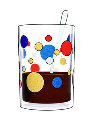 An illustration of a classic Vietnamese commoner's coffee cup, featuring a design with various-sized multicolored dots. The cup is made of glass. The illustration style is clean, simple, and refined.
