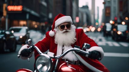 Crazy Santa Claus rides a motorbike through the streets of New York City