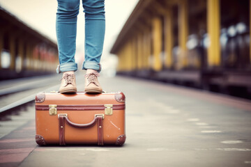 A woman standing on a leather suitcase of a train station - obrazy, fototapety, plakaty