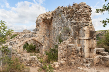 Fototapeta na wymiar The remains of large dining room in courtyard of residence of Grand Masters of the Teutonic Order in the ruins of the castle of the Crusader fortress located in the Upper Galilee in northern Israel