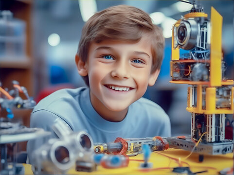  boy with robotic toys at a science fair