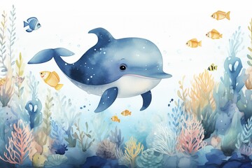 Fototapeta premium Watercolor illustration of a cute whale swimming in the sea. Underwater world.