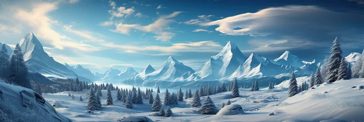 Fotobehang panorama landscape with winter forest, mountains on frosty day © alexkoral