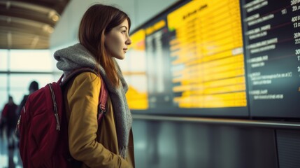 Woman at international airport looks at the flight information board.