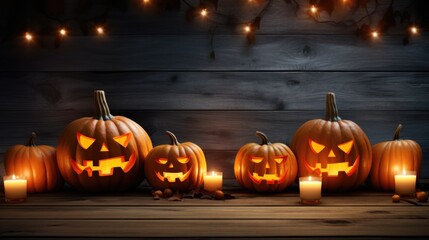 Jack o lantern Halloween. Pumpkins on wooden board. For background.