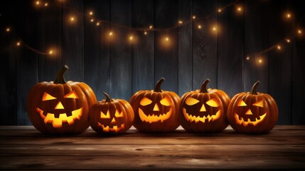 Jack o lantern Halloween. Pumpkins on wooden board. For background.
