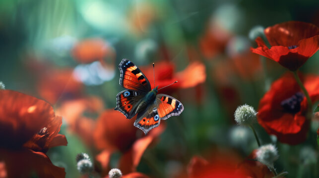 Butterfly on popy flower