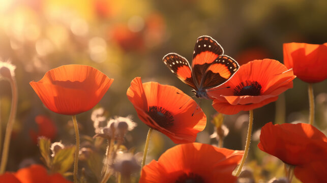 Butterfly on popy flower