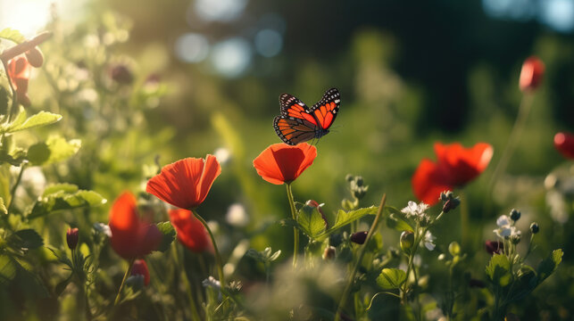 Butterfly on popy flower