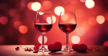 Romantic concept. Two glasses of vine with pink rose petals with bokeh background. Valentine's day banner. Celebration with wine and red rose.