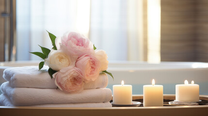 Obraz na płótnie Canvas Plush towels, glowing candles, and delicate peonies. An atmosphere of calm and relaxation in a luxurious spa.
