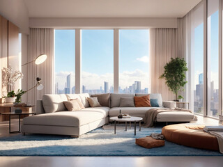 The living room in the big painthouse with big windows and sky buildings view with the natural light. 