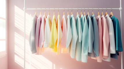 Colorful pastel clothes on clothing rack
