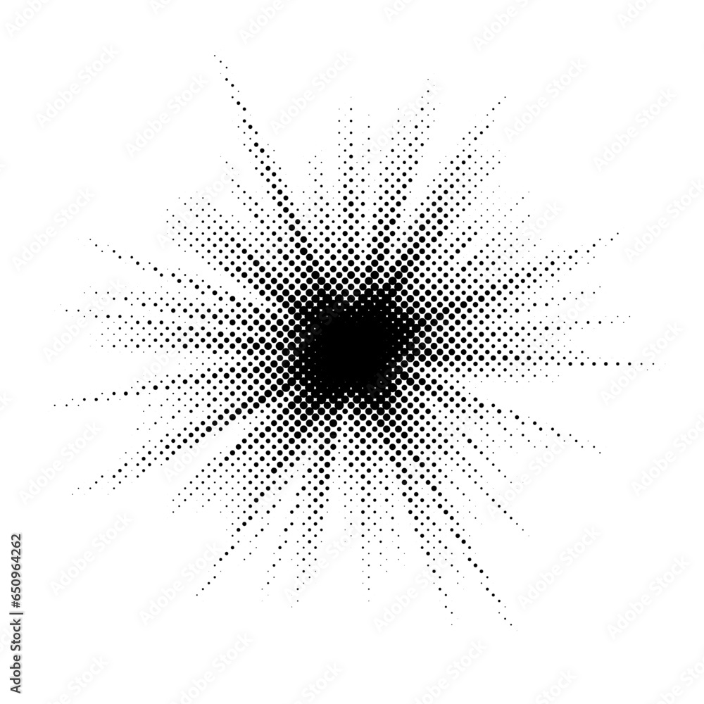 Poster halftone burst background. abstract dotted starburst element. glowing light with grunge textured eff