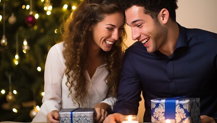 Portrait of happy young couple celebrating Christmas at home.