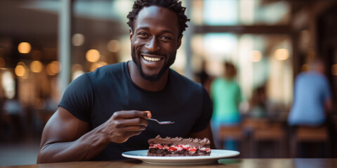 A muscular young African-American man in a cafe eating cake - obrazy, fototapety, plakaty