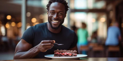 Fotobehang A muscular young African-American man in a cafe eating cake © tashechka