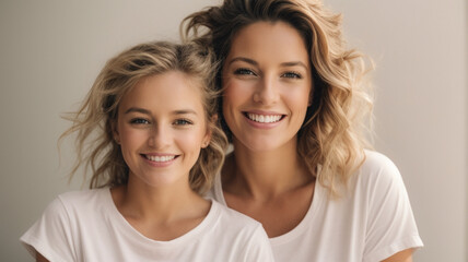 Young woman and a girl wearing a beautiful white canvas shirt mockup in matching outfit, with white background. Design t-shirt template, print presentation mockup