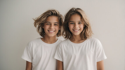 children with beautiful white canvas shirt mockups, with white background in matching outfit . Design t-shirt template, print presentation mockup