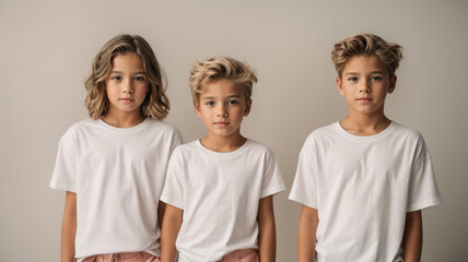 children with beautiful white canvas shirt mockups in matching outfit of pastel colors, with white background. Design t-shirt template, print presentation mockup