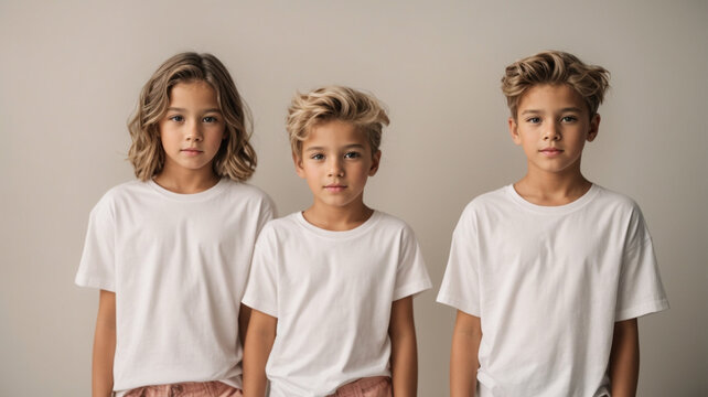 children with beautiful white canvas shirt mockups in matching outfit of pastel colors, with white background. Design t-shirt template, print presentation mockup