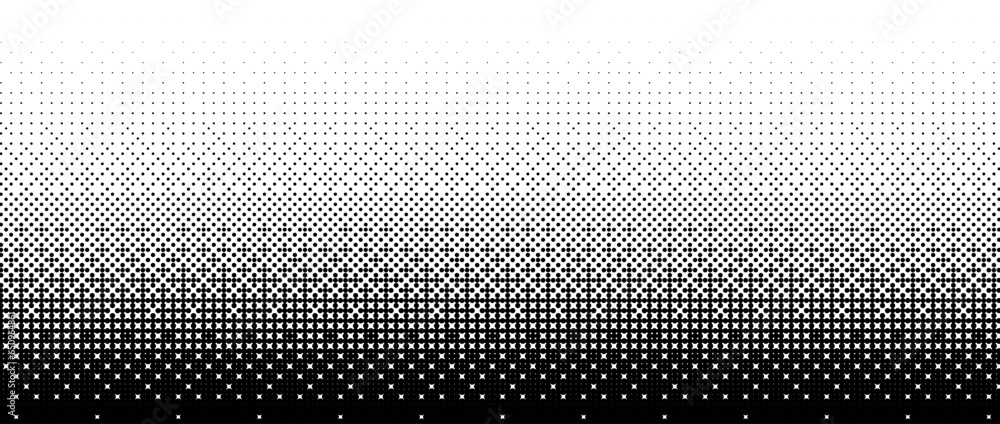 Poster Pixelated bitmap gradient texture. Black and white dither pattern background. Abstract glitchy pattern. 8 bit video game screen wallpaper. Retro pixel art illustration. Vector wide border