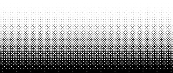 Pixelated bitmap gradient texture. Black and white dither pattern background. Abstract glitchy pattern. 8 bit video game screen wallpaper. Retro pixel art illustration. Vector wide border © vika_k