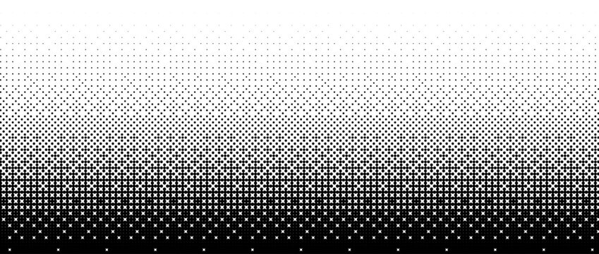 Pixelated bitmap gradient texture. Black and white dither pattern background. Abstract glitchy pattern. 8 bit video game screen wallpaper. Retro pixel art illustration. Vector wide border