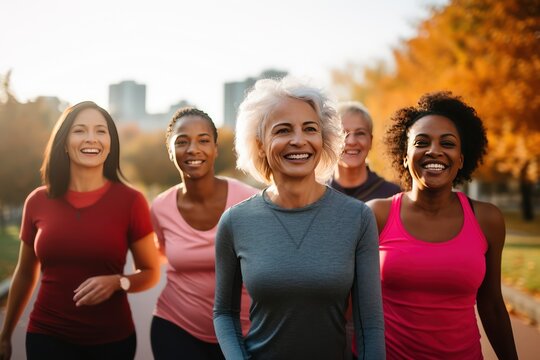 A group of women of different ages during a running workout in the park. Joint training to motivate youth and maintain health in middle age. Women health club. Format photo 3:2.