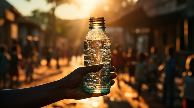 African child holds a valuable bottle of clean water. The problem of shortage of clean water in Arican countries