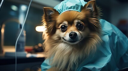 Chihuahua dog in operating clothes in a veterinary clinic. Chek-up pet health