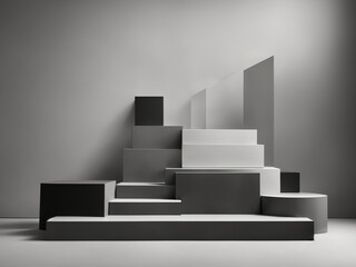 Abstract minimal scene with black and white podiums. AI-Generated
