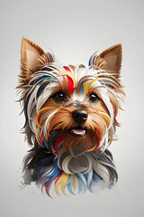 Multicolored face of a Yorkshire Terrier dog with a white background. creates a very realistic multicolor vector image of the face..Generative AI