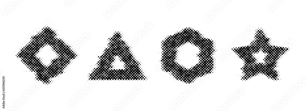 Poster halftone glitch geometric shapes set. dotted distorted triangle, square, hexagon and star elements. 